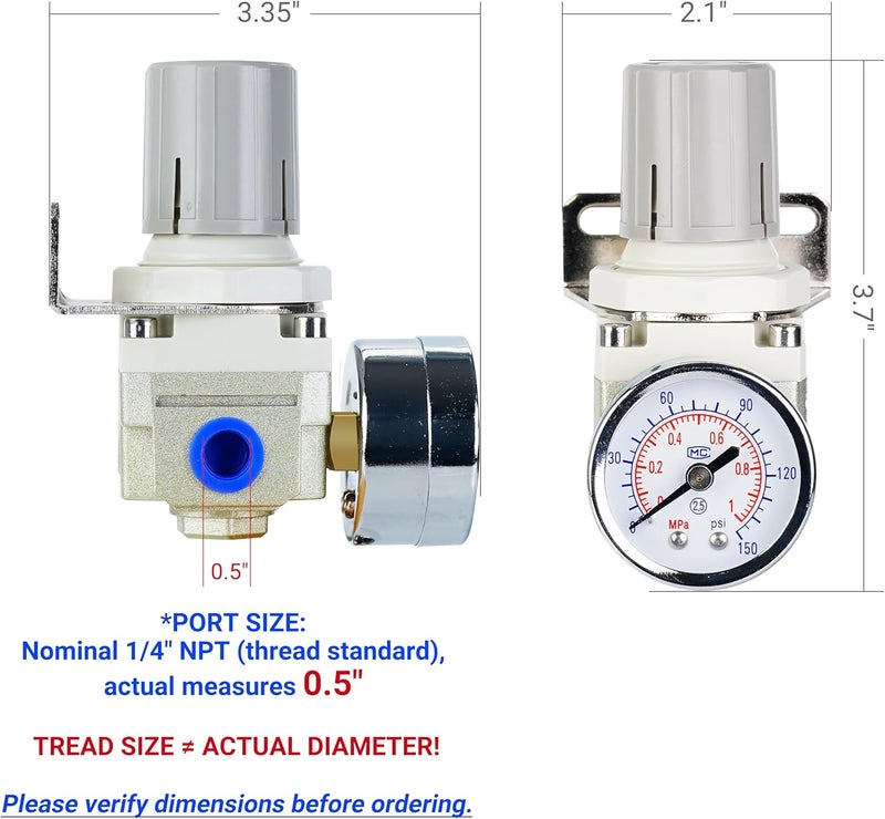 ECuoPix منظم ضغط الهواء مع منفذ 1/4"، منظم ضاغط الهواء مع مقياس دقيق 0-150 PSI وحامل، مثالي لنظام الهواء المضغوط، AR2000-02 - Image 2